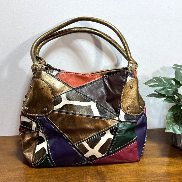 GAL Shoulder Bag 80's Color Block Style Giraffe Print Animal Patchwork Purse - Picture 1 of 14